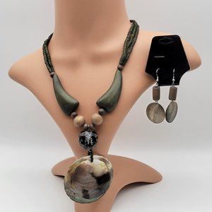 Natural Wood Beads and Abalone Mother Of Pearl Pendant Necklace and Earrings Set